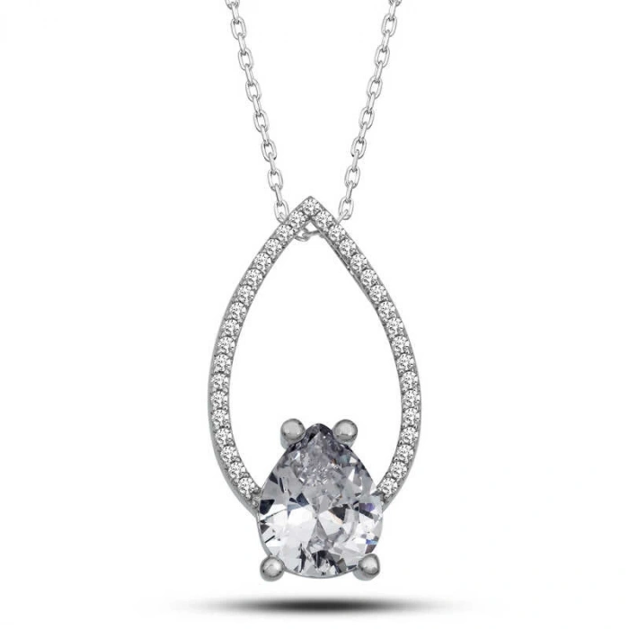 925 Ayar Gümüş Beyaz Taşlı Damla Kadın Gümüş Kolye