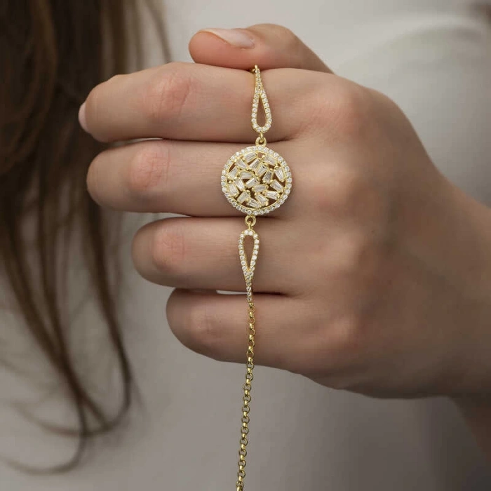 925 Ayar Gümüş Gold Baget Taşlı Bileklik