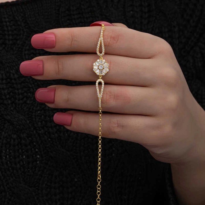 925 Ayar Gümüş Gold Baget Taşlı Kadın Bileklik