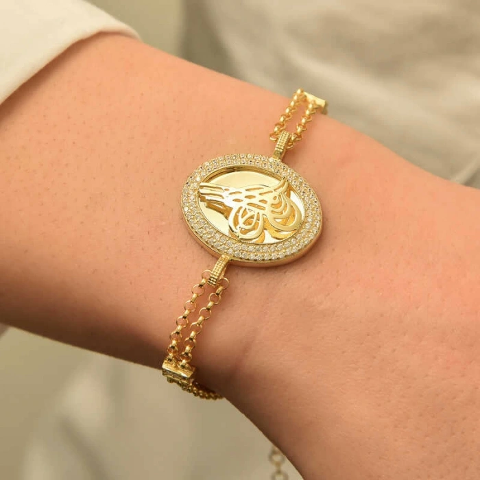 925 Ayar Gümüş Gold Tuğralı Bileklik