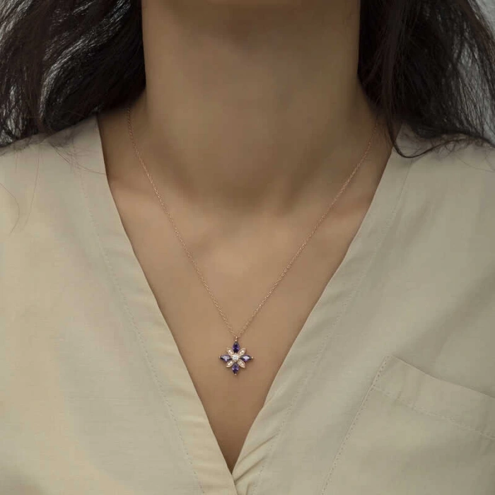 925 Ayar Gümüş Mor Taşlı Umut Çiçeği Gümüş Kolye