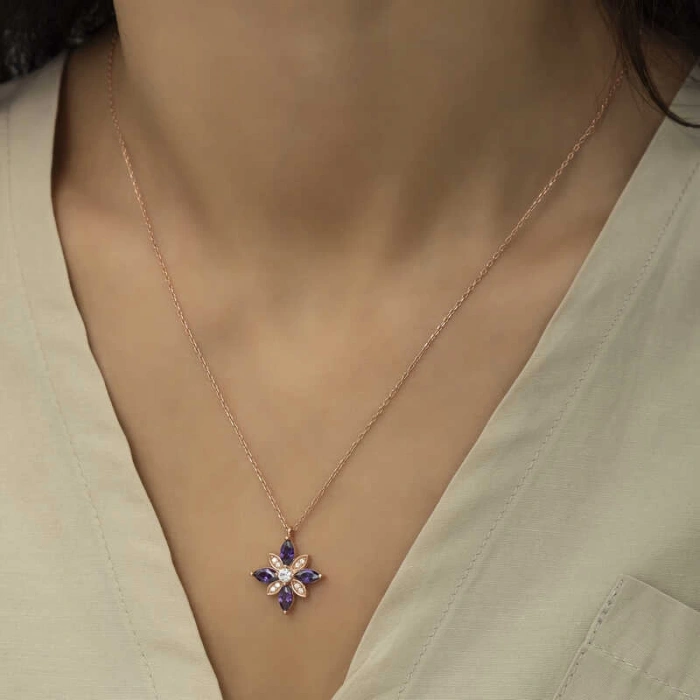 925 Ayar Gümüş Mor Taşlı Umut Çiçeği Gümüş Kolye