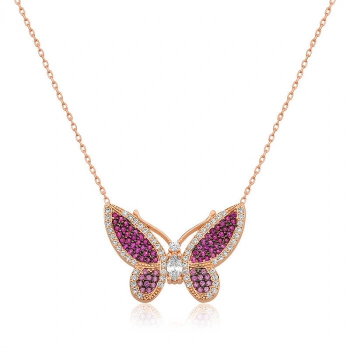 925 Ayar Gümüş Pembe Kelebek Kadın Gümüş Kolye