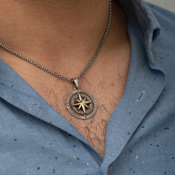 925 Ayar Gümüş Pusula Unisex Kolye
