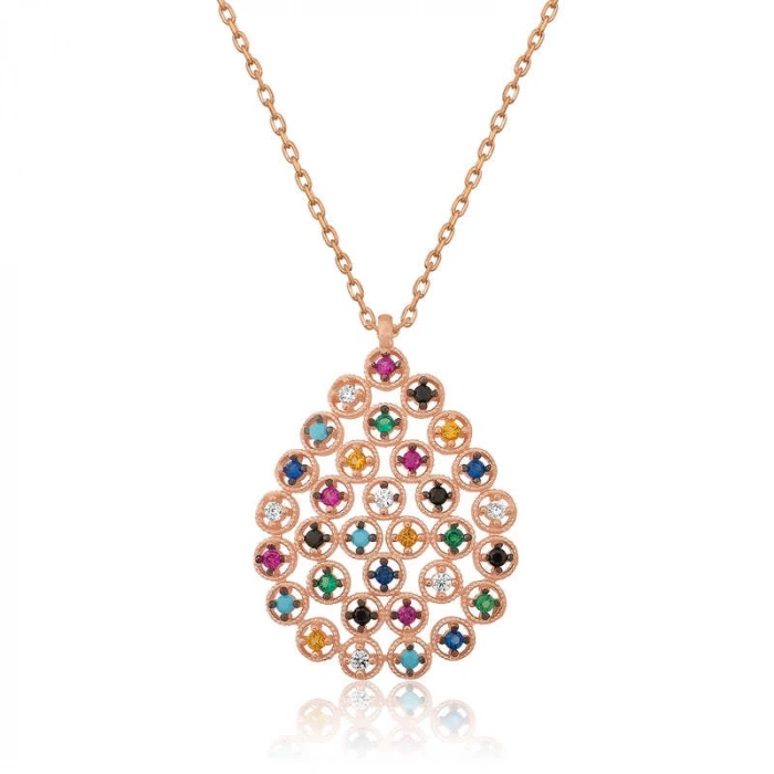 925 Ayar Gümüş Renkli Taşlı Damla Kadın Gümüş Kolye