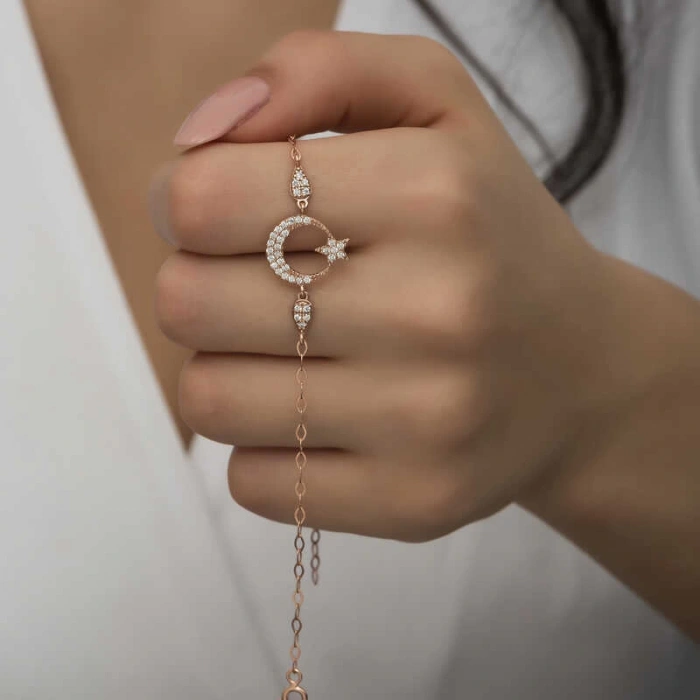 925 Ayar Gümüş Rose Ay Yıldız Kadın Bileklik