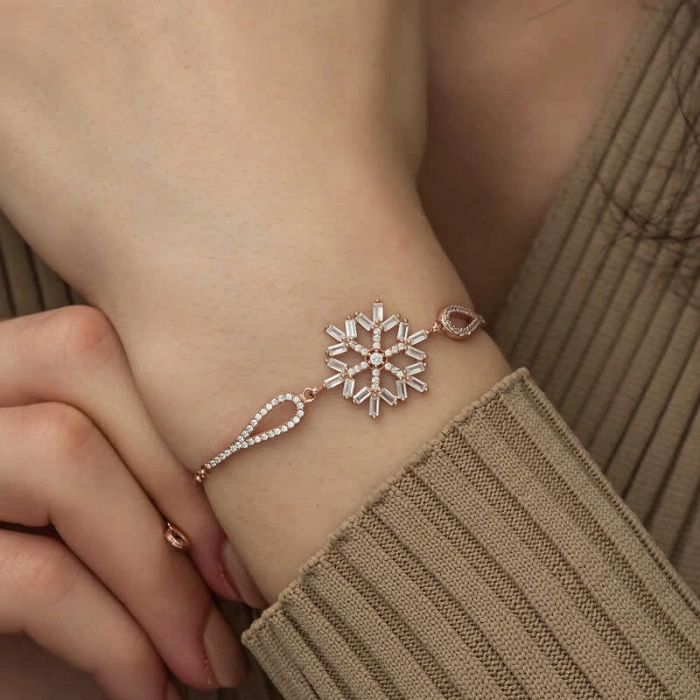 925 Ayar Gümüş Rose Baget Taşlı Kar Tanesi Bileklik