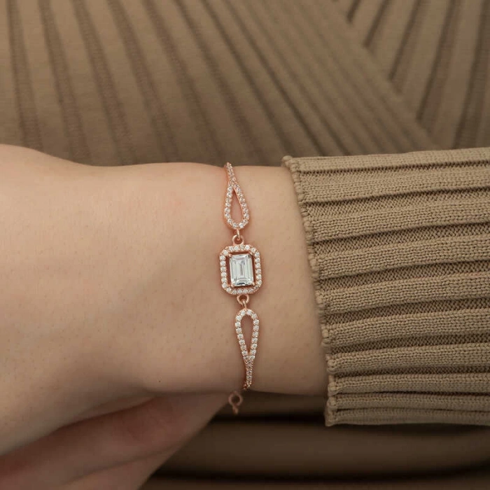 925 Ayar Gümüş Rose Dikdörtgen Baget Bileklik