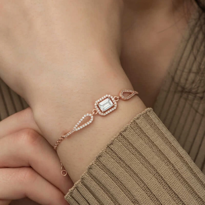 925 Ayar Gümüş Rose Dikdörtgen Baget Bileklik