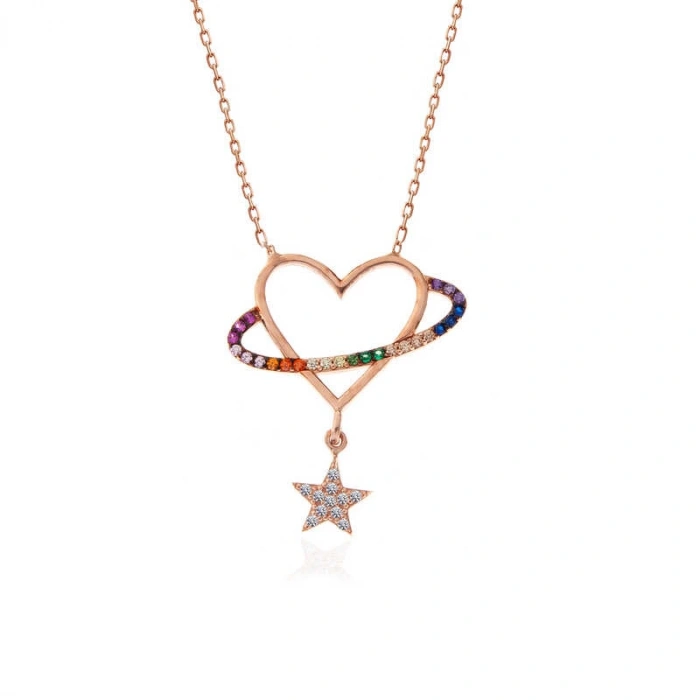 925 Ayar Gümüş Rose Kalp Yıldız Kadın Kolye