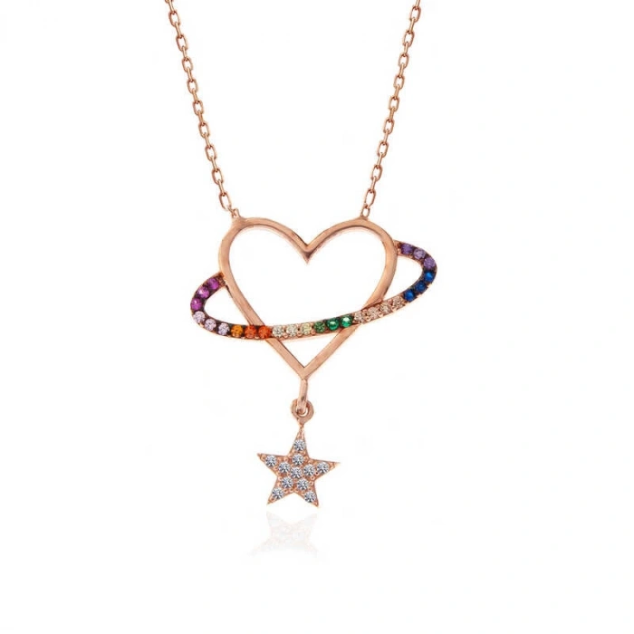 925 Ayar Gümüş Rose Kalp Yıldız Kadın Kolye