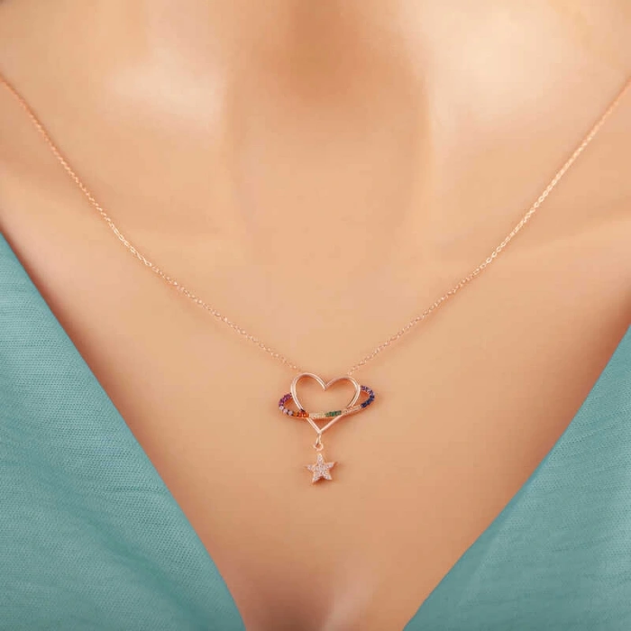 925 Ayar Gümüş Rose Kalp Yıldız Kadın Kolye