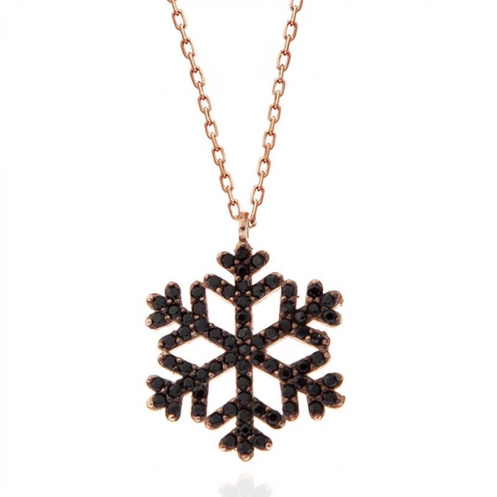 925 Ayar Gümüş Rose Siyah Taşlı Kar Tanesi Kadın Kolye