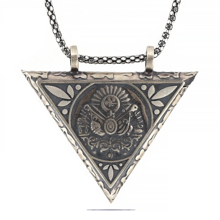 925 Ayar Gümüş Üçgen İçi Açılabilen Osmanlı Arma Muskalık Gümüş Kolye