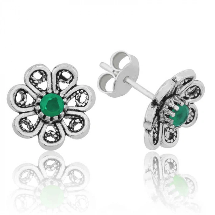 925 Ayar Gümüş Yeşil Telkari Çiçek Çivili Küpe