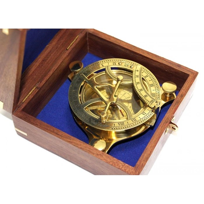 MDB Ahşap Kutulu El Yapımı Pirinç Güneş Saati Ve Pusula