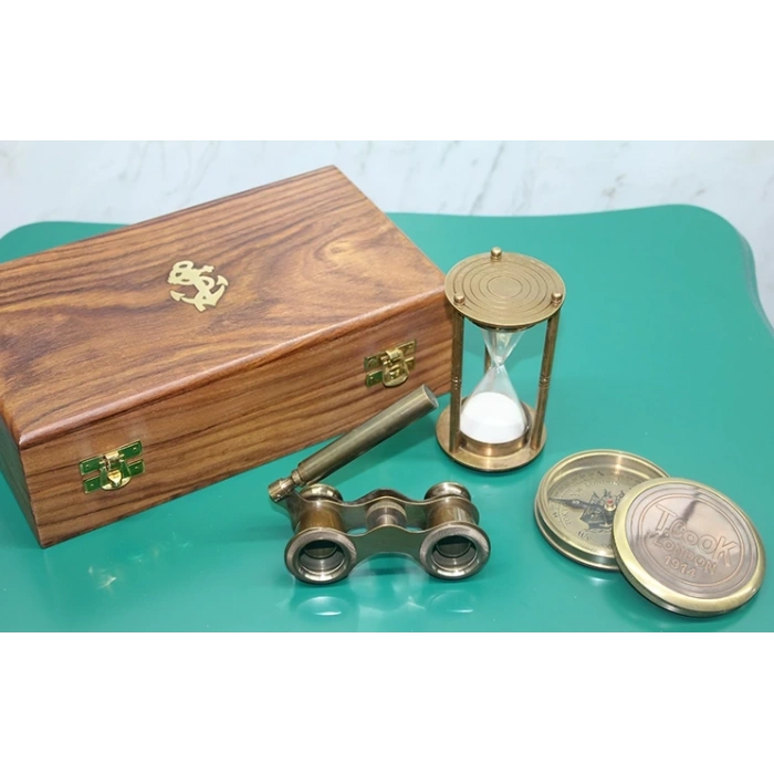 MDB Ahşap Kutulu Pirinç Pusula, Kum Saati, Dürbün Seti