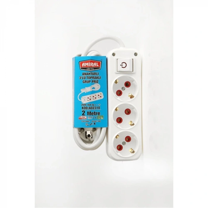 Amiral 3 lü Topraklı Anahtarlı 2 Metre Kablolu Grup Priz