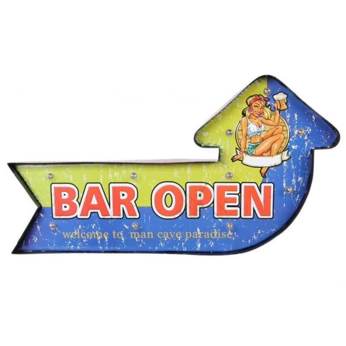 Bar Open Temalı Ledli Bar Tabelası Pano Vintage Led Ampülü