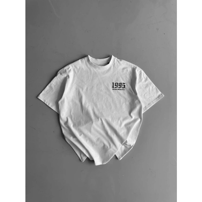 MDB Baskılı Oversize Bisiklet Yaka Tshirt  Beyaz