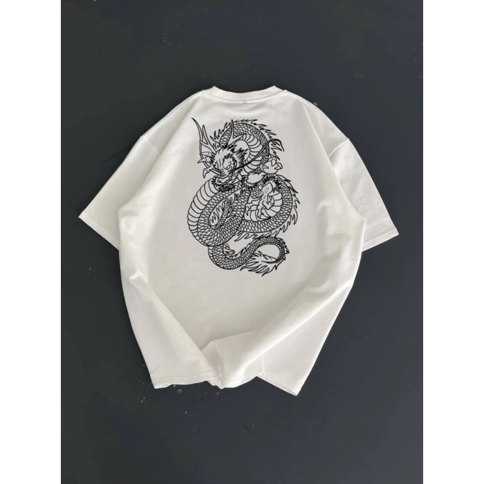 MDB Baskılı Oversize Bisiklet Yaka Tshirt  Beyaz