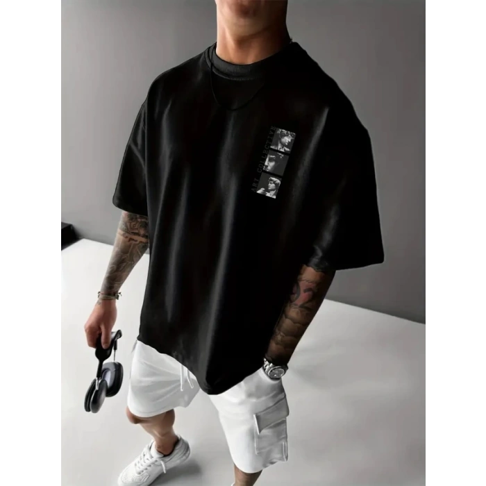 MDB Baskılı Oversize Bisiklet Yaka Tshirt  iyah