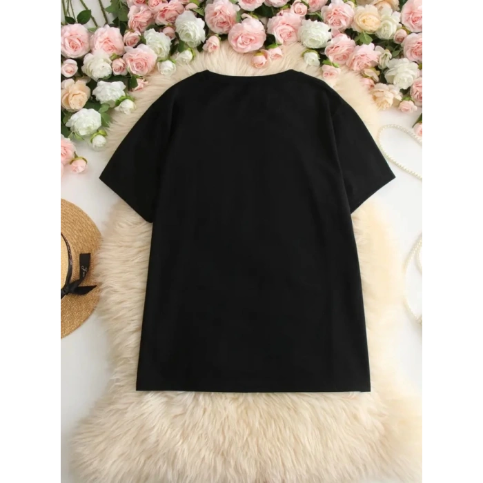 MDB Baskılı Oversize Bisiklet Yaka Tshirt  iyah