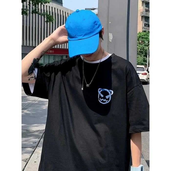 MDB Baskılı Oversize Bisiklet Yaka Tshirt  iyah