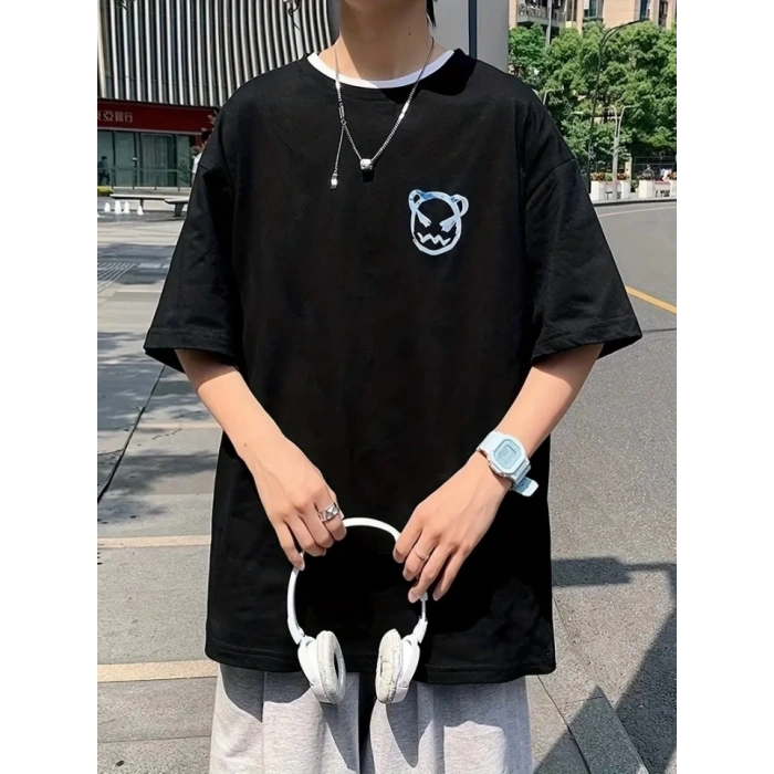 MDB Baskılı Oversize Bisiklet Yaka Tshirt  iyah