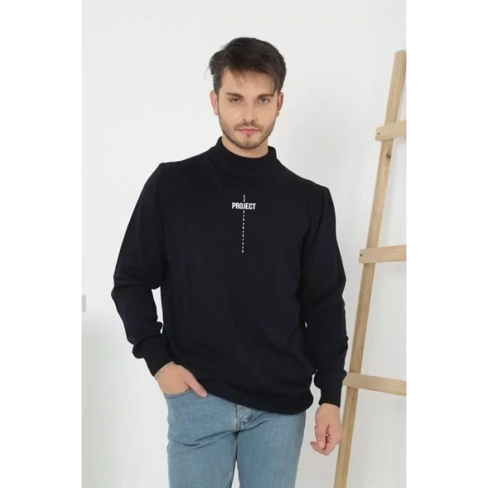 MDB Baskılı Tam Boğazlı Uzun Kol Dokuma Triko  Siyah