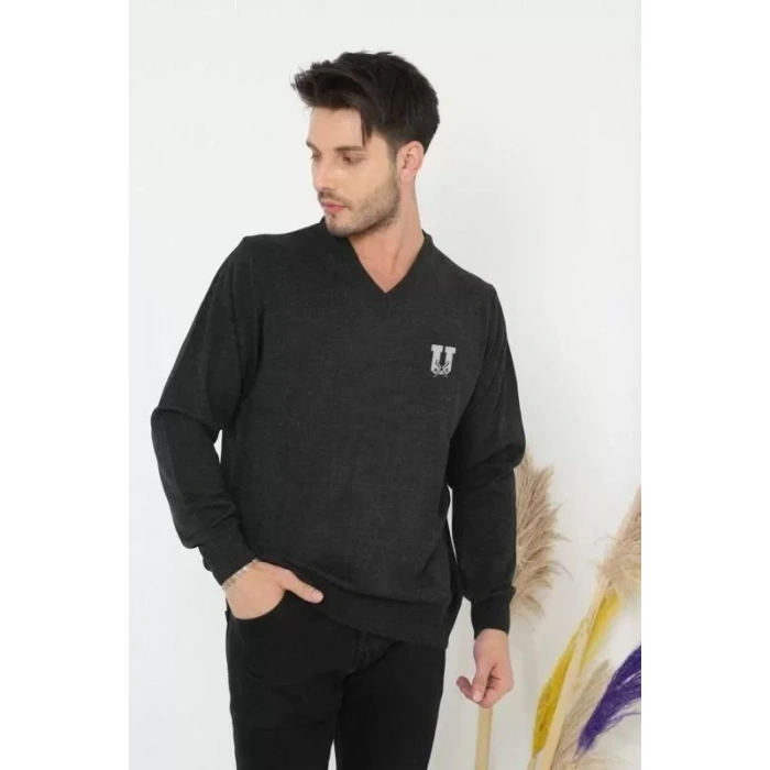 MDB Baskılı V Yaka Uzun Kol Dokuma Triko  Füme