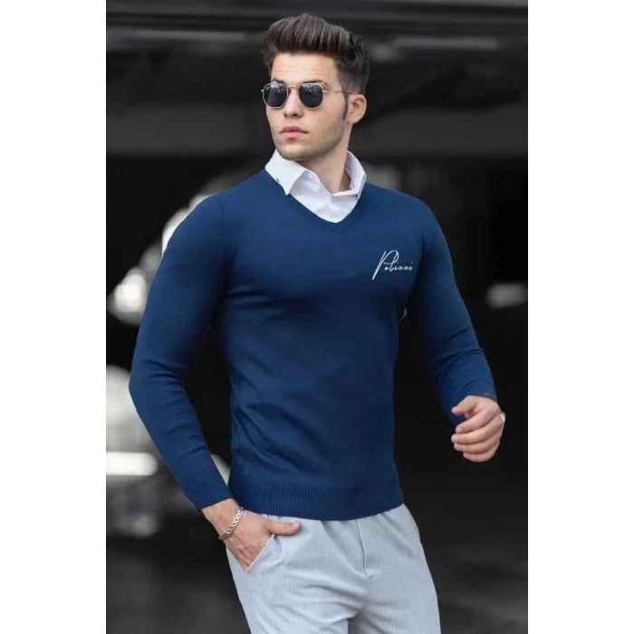 MDB Baskılı V Yaka Uzun Kol Dokuma Triko  Indigo