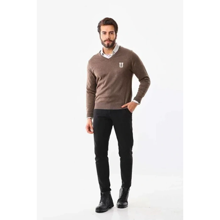 MDB Baskılı V Yaka Uzun Kol Dokuma Triko  Kahve