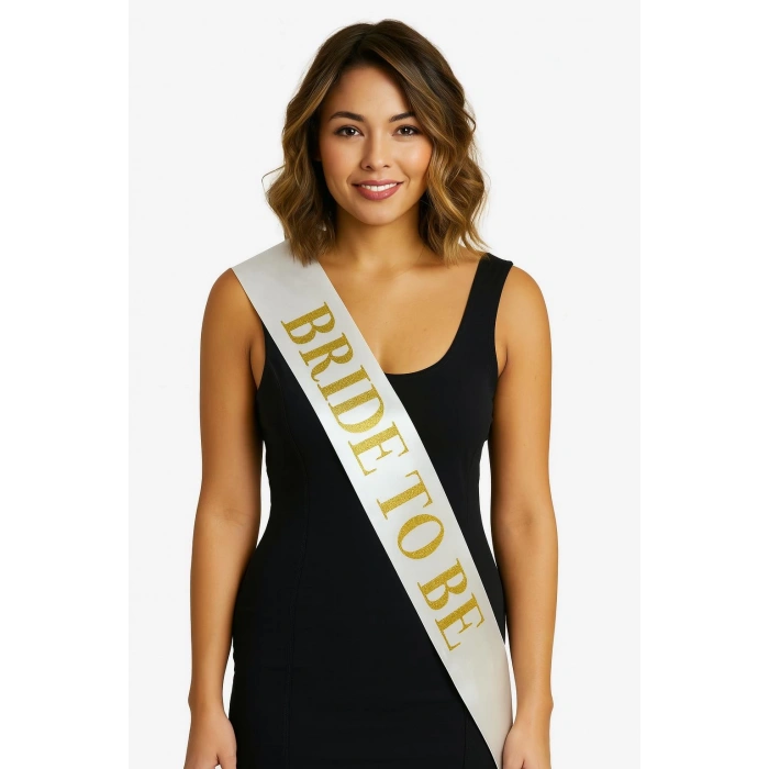 MDB Beyaz Saten Üzerine Kalın Altın Bride To Be Kuşağı