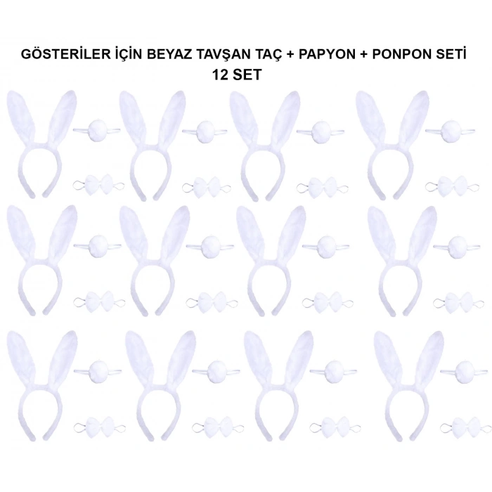 MDB Beyaz Tavşan Kostüm Seti – Taç, Papyon, Kuyruk (12’li Paket)