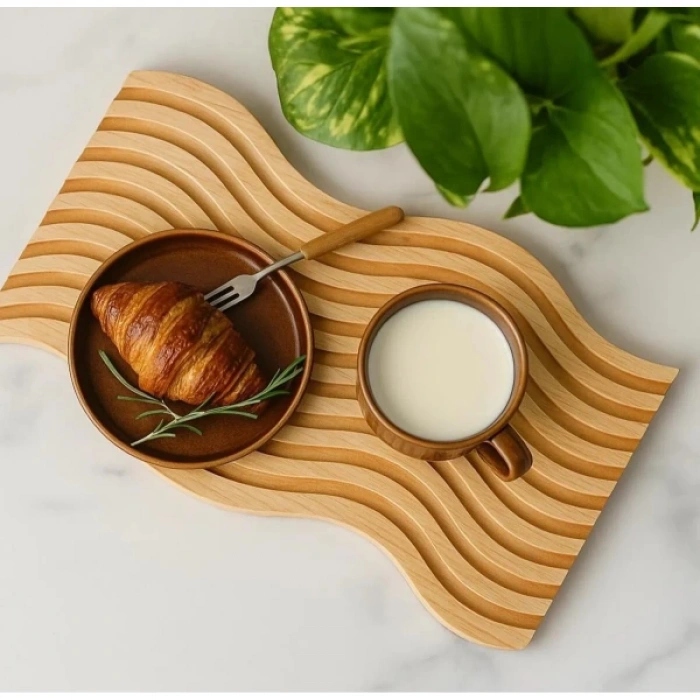 MDB Dalgalı Çift Taraf Tasarımlı Ahşap Sunum Tepsisi