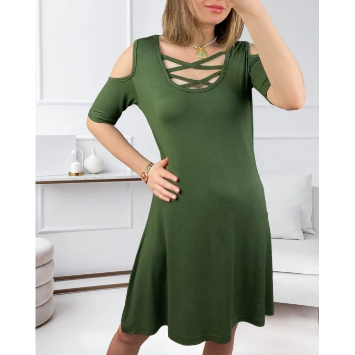 MDB Dekolteli Bağcık Detay Viskon Kumaş Elbise