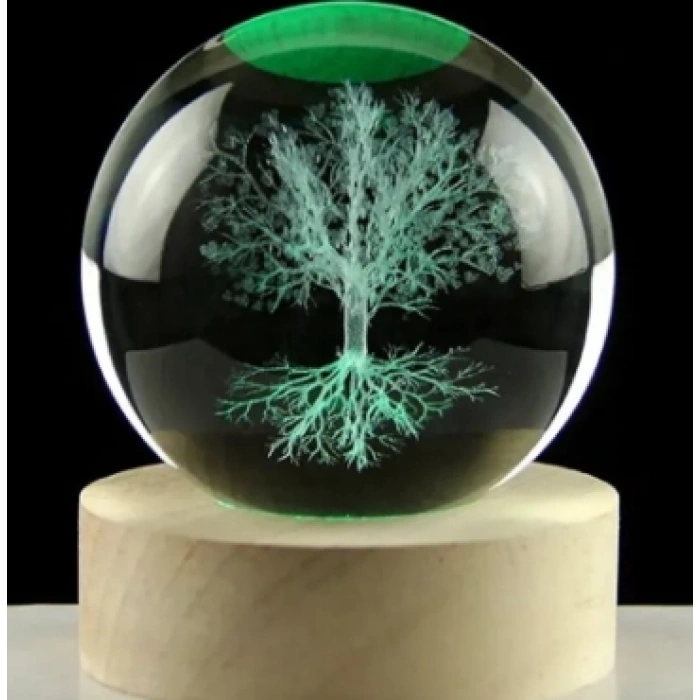 Dekoratif AĞAÇ Tasarımlı Ahşap altlıklı Işıklı Cam Küre 6cm