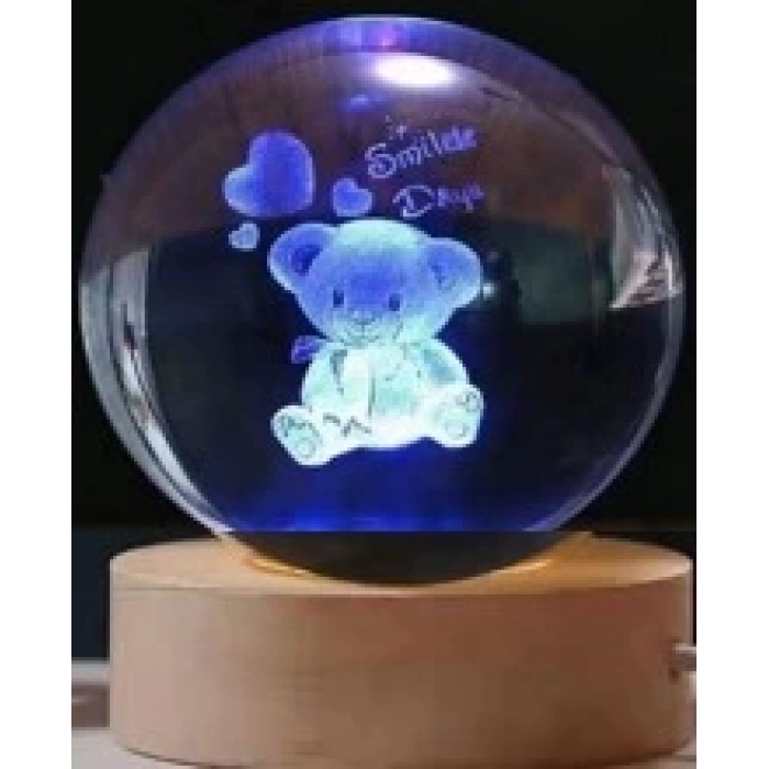 Dekoratif Ayıcık Tasarımlı Ahşap altlıklı Işıklı Cam Küre Büyük Boy Cam:8cm Ahşap:2cm