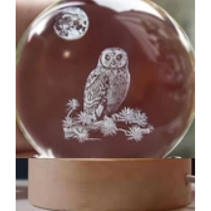 Dekoratif BAYKUŞ Tasarımlı Ahşap altlıklı Işıklı Cam Küre Büyük boy 8cm