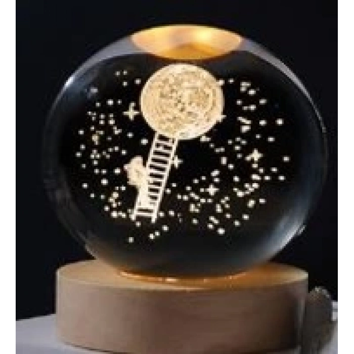 Dekoratif Merdiven Astronot Tasarımlı Ahşap altlıklı Işıklı Cam Küre Büyük Boy Cam:8cm Ahşap:2cm