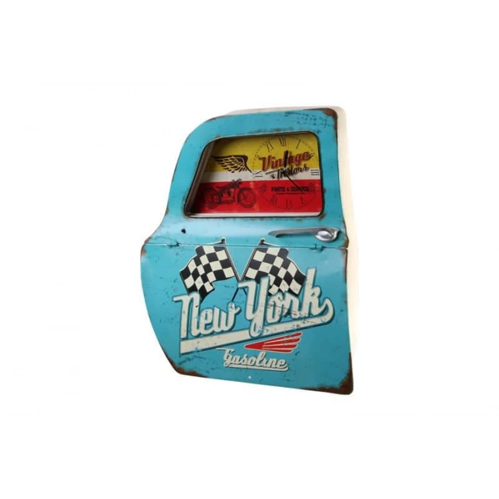 Dekoratif Newyork Temalı Mavi Araba Kapısı Saatli Duvar Rafı