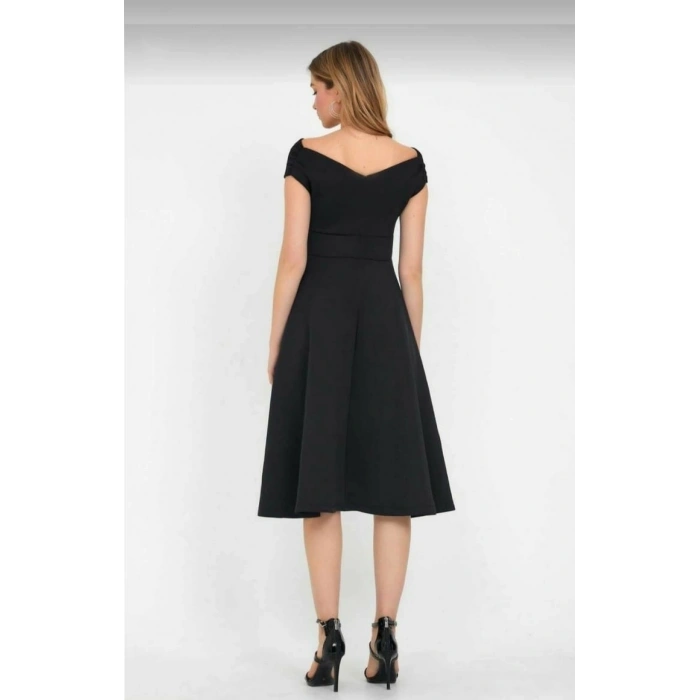 MDB Düşük Omuz Eteği Pileli Krep Kumaş Midi Boy Elbise