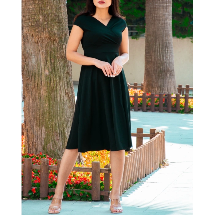 MDB Düşük Omuz Eteği Pileli Krep Kumaş Midi Boy Elbise