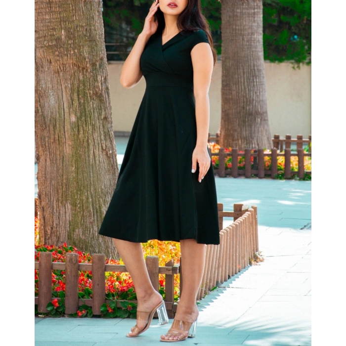 MDB Düşük Omuz Eteği Pileli Krep Kumaş Midi Boy Elbise