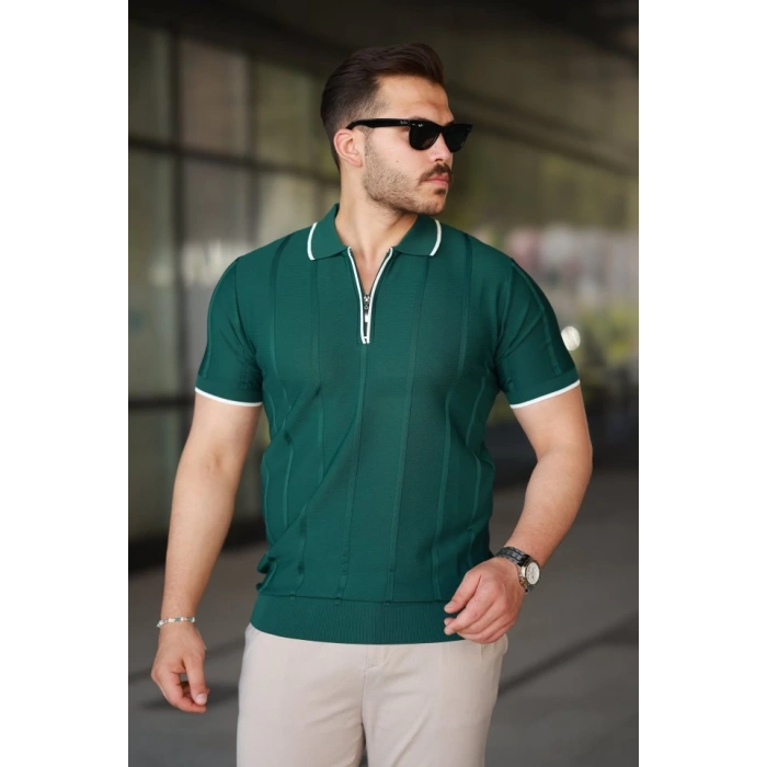 MDB Erkek Dikey Kabartmalı Örgü Dokulu Fermuar Yakalı Tişört