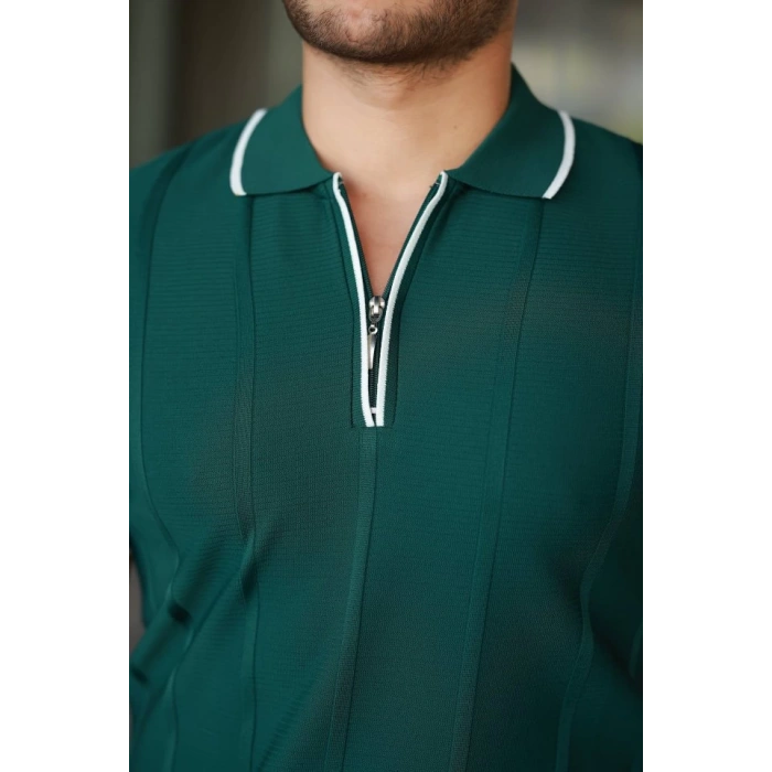 MDB Erkek Dikey Kabartmalı Örgü Dokulu Fermuar Yakalı Tişört