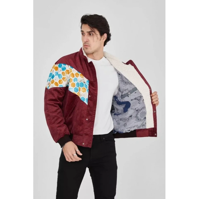 MDB Erkek İçi Astarlı İçten Yaka Kısmı Peluşlu Beyaz Şeritli Vintage Ceket  ürdüm