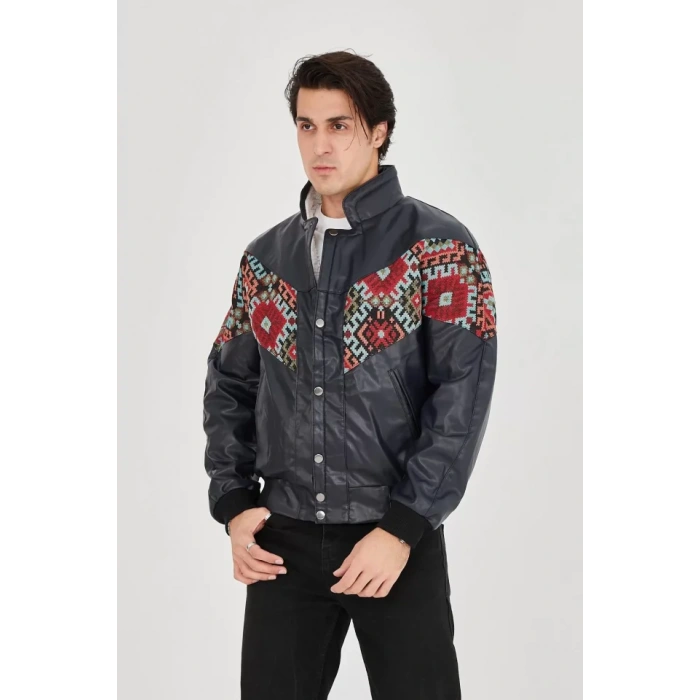 MDB Erkek İçi Astarlı İçten Yaka Kısmı Peluşlu uni Kumaş Vintage Ceket  acivert