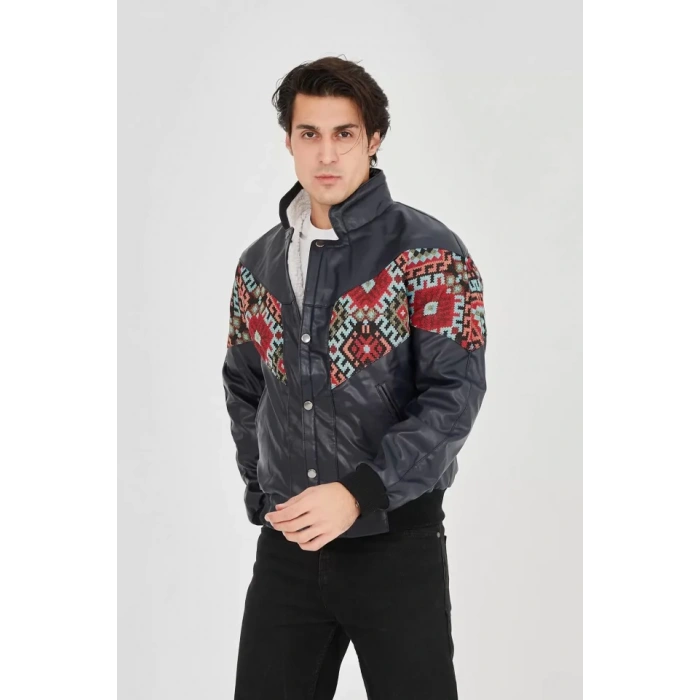 MDB Erkek İçi Astarlı İçten Yaka Kısmı Peluşlu uni Kumaş Vintage Ceket  acivert